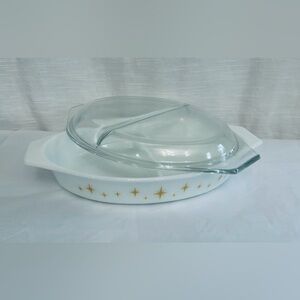 Vintage Pyrex Constellation Glass Casserole Dish with Gold Star Pattern and Lid